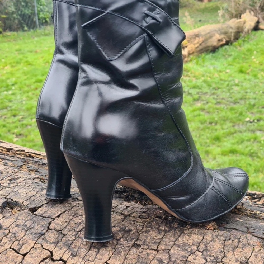 Clarks Black Leather Mid-Calf Heeled Boots with Bow Detail